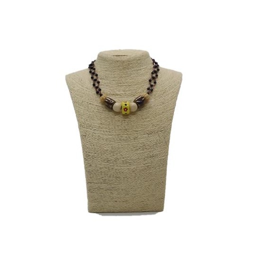 YELLOW FOCAL BEAD CHOKER WITH DARK BROWN BUGLE BEADS